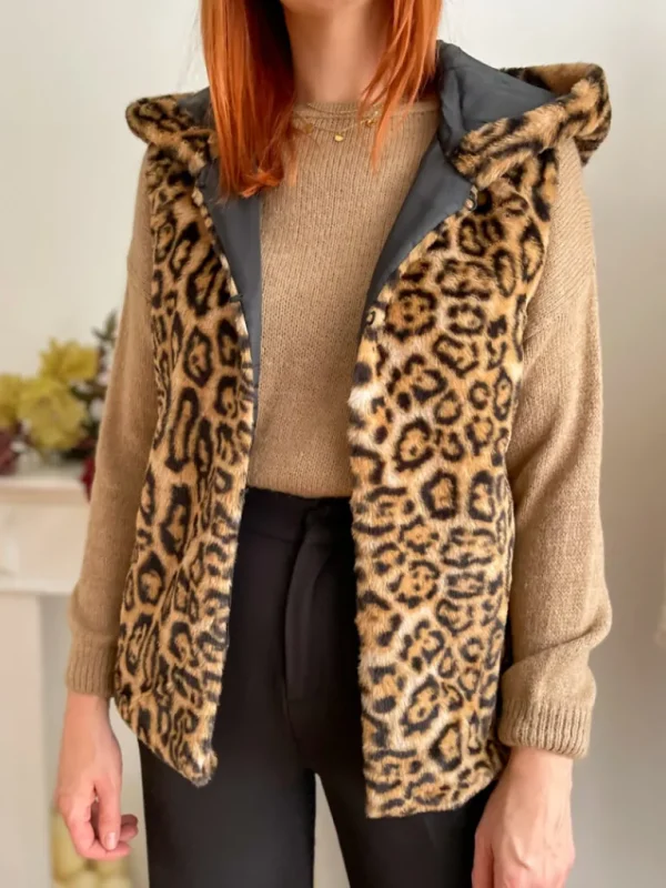 Pulls, Gilets | Vestes, Manteaux*Justine Boutique Fausse fourrure sans manches léopard