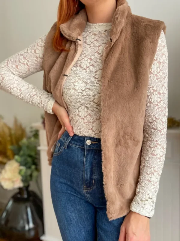 Pulls, Gilets | Vestes, Manteaux*Justine Boutique Fausse fourrure sans manche taupe