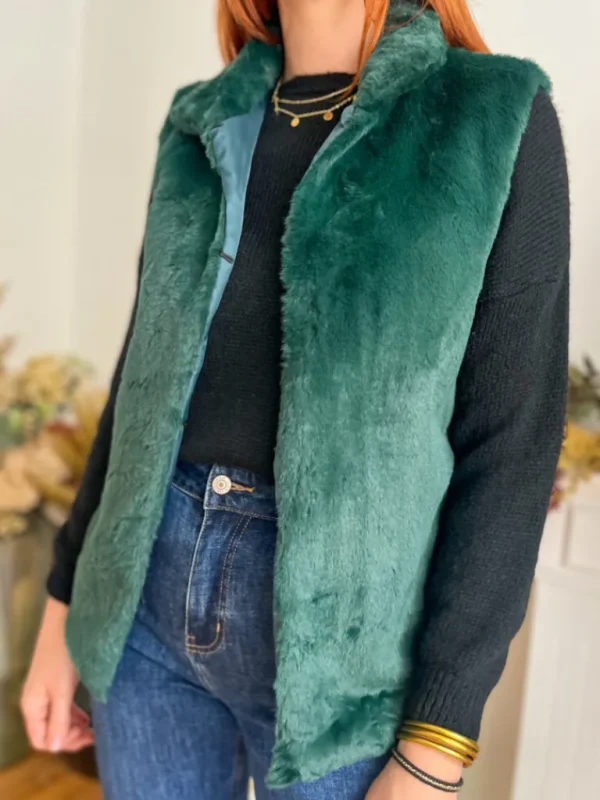 Pulls, Gilets | Vestes, Manteaux*Justine Boutique Fausse fourrure sans manche vert foncé