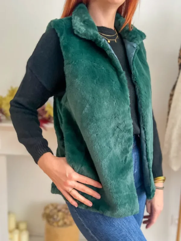 Pulls, Gilets | Vestes, Manteaux*Justine Boutique Fausse fourrure sans manche vert foncé