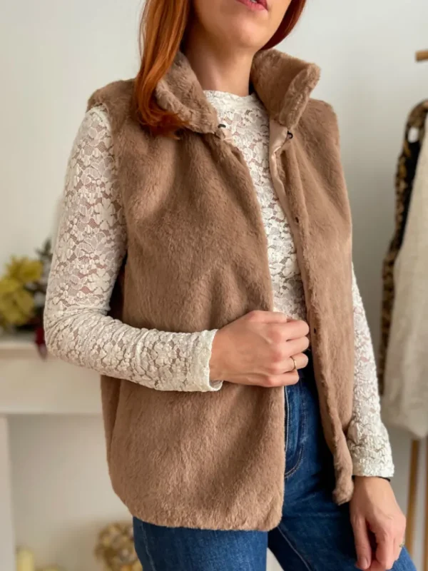 Pulls, Gilets | Vestes, Manteaux*Justine Boutique Fausse fourrure sans manche taupe