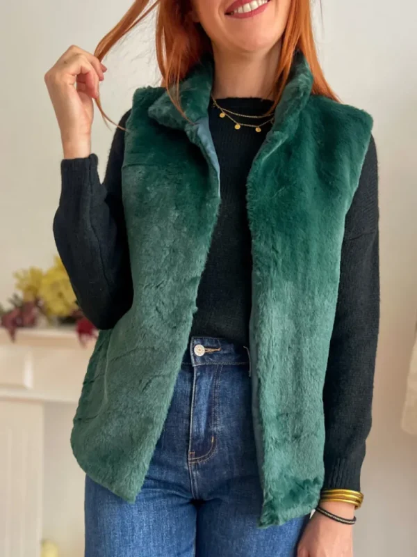 Pulls, Gilets | Vestes, Manteaux*Justine Boutique Fausse fourrure sans manche vert foncé