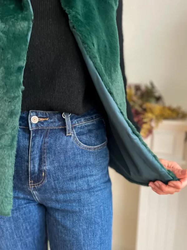 Pulls, Gilets | Vestes, Manteaux*Justine Boutique Fausse fourrure sans manche vert foncé