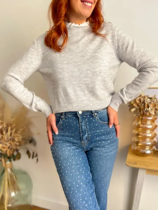 Pulls, Gilets*Justine Boutique Lois pull gris col dentelle