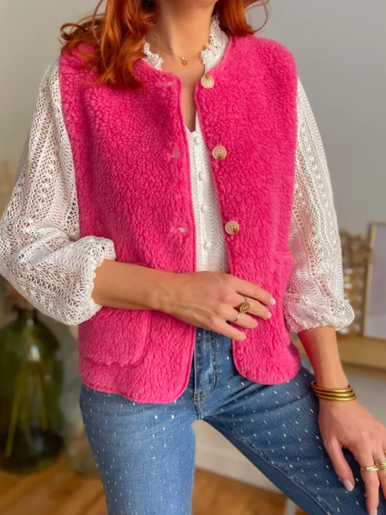 marco_gilet_bouclettes_ro_1.webp Vestes, Manteaux | Pulls, Gilets*Justine Boutique Marco gilet bouclettes rose