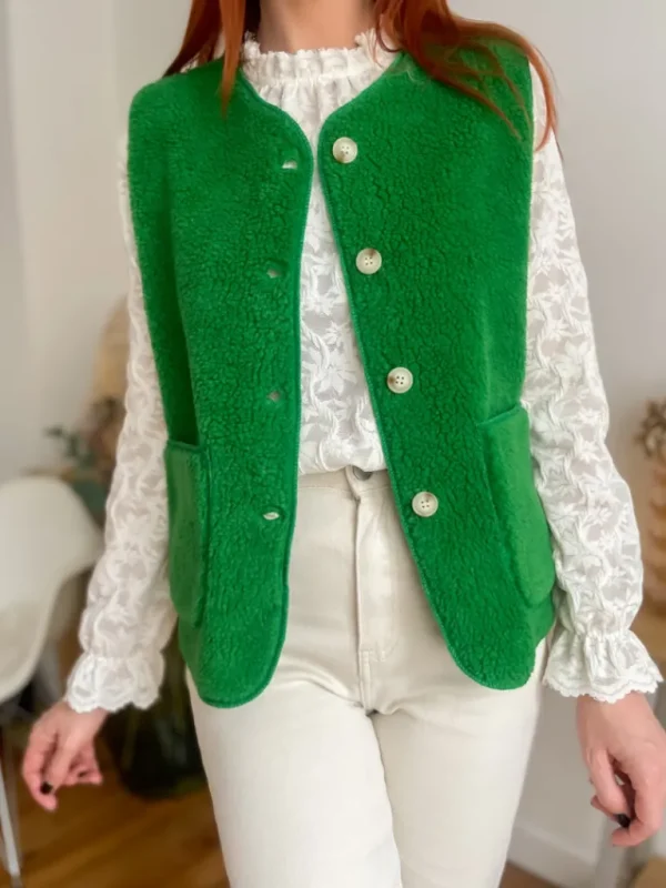 Pulls, Gilets | Vestes, Manteaux*Justine Boutique Marco gilet bouclettes vert