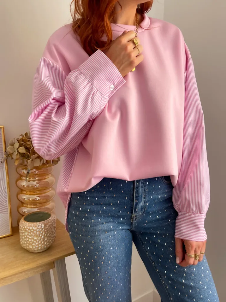 maya_sweat_bimatire_rose_1.webp Pulls, Gilets*Justine Boutique Maya sweat bi-matière rose