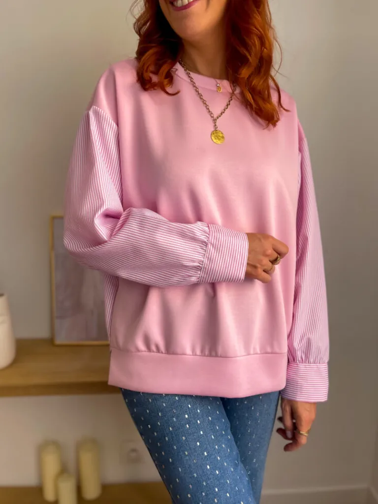 maya_sweat_bimatire_rose_4.webp Pulls, Gilets*Justine Boutique Maya sweat bi-matière rose